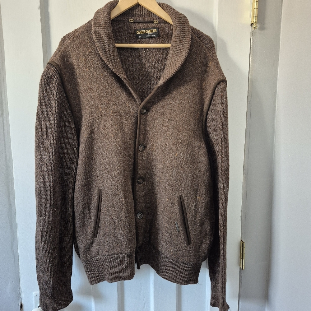 Vintage Geiger of Austria Wool Cardigan Classic Alpine Knit Sweater Brown Sz XL